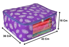 Heart Home Leaf Printed Saree Cover/Clothes Organiser For Wardrobe With Transparent Window, Pack of 4 (Purple)