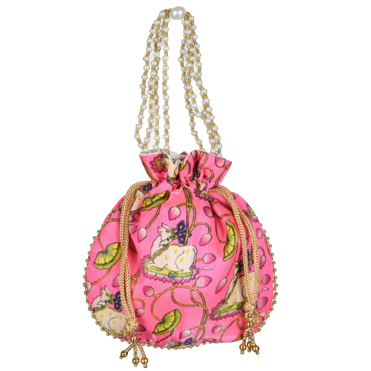 Heart Home Potli|Silk Wedding Potli|Wallet Potli|Christmas Gift Potli|Baby Shower Potli|Traditional Shagun Potli|Drawstring with Beads Handle Potli|Cow-Design Patli Potli|Pink