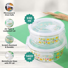 Urbane Home Borosilicate Printed Container With Lid (Round) | JDA050-MUL | Transparent | Pack Of 2