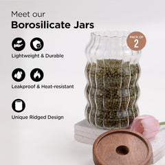 Urbane Home Borosilicate Glass Jar with Acacia Lid | Kitchen Organizer Items & Storage | Multi-utility, Leakproof, Airtight Storage Jar for Cookies, Snacks, Tea, Coffee, Sugar | Set of 2 (750ml)