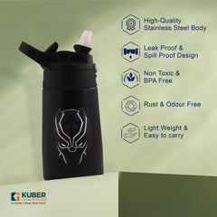 Kuber Industries 350 ml Insulated Water Bottle | Black Panther Kids Water Bottle | Stainless Steel Kids Water Bottle | Water Bottle with Push-Button Flip Lid | Bottle For School | Black | Pack of 3