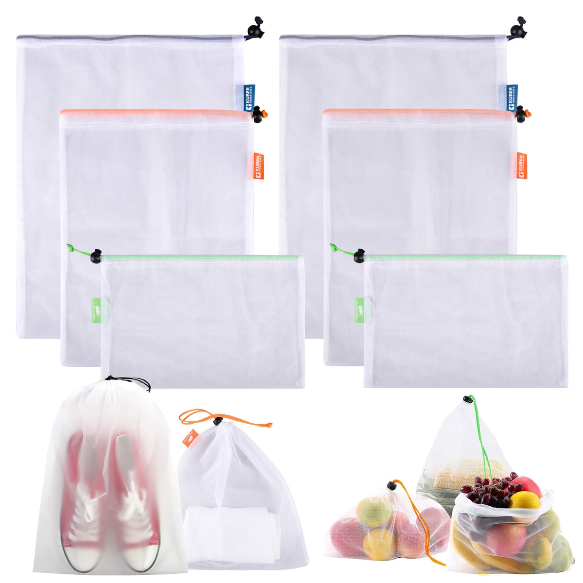 Heart Home Mesh Storage Bag | Reusable Mesh Bags | Carry Bags for Fruits-Vegetables-Toys-Groceries | 2 Small-2 Medium-2 Large Travel Storage Bags | 6 Piece Set | White