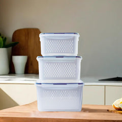 Kuber Industries 18 Pcs Food Containers | Storage Box for Fridge | Vegetable Fruit Boxes | Refrigerator Storage Box | Containers With Airtight Lid | Strainer Basket | HXP00284 | Transparent|Pack of 6