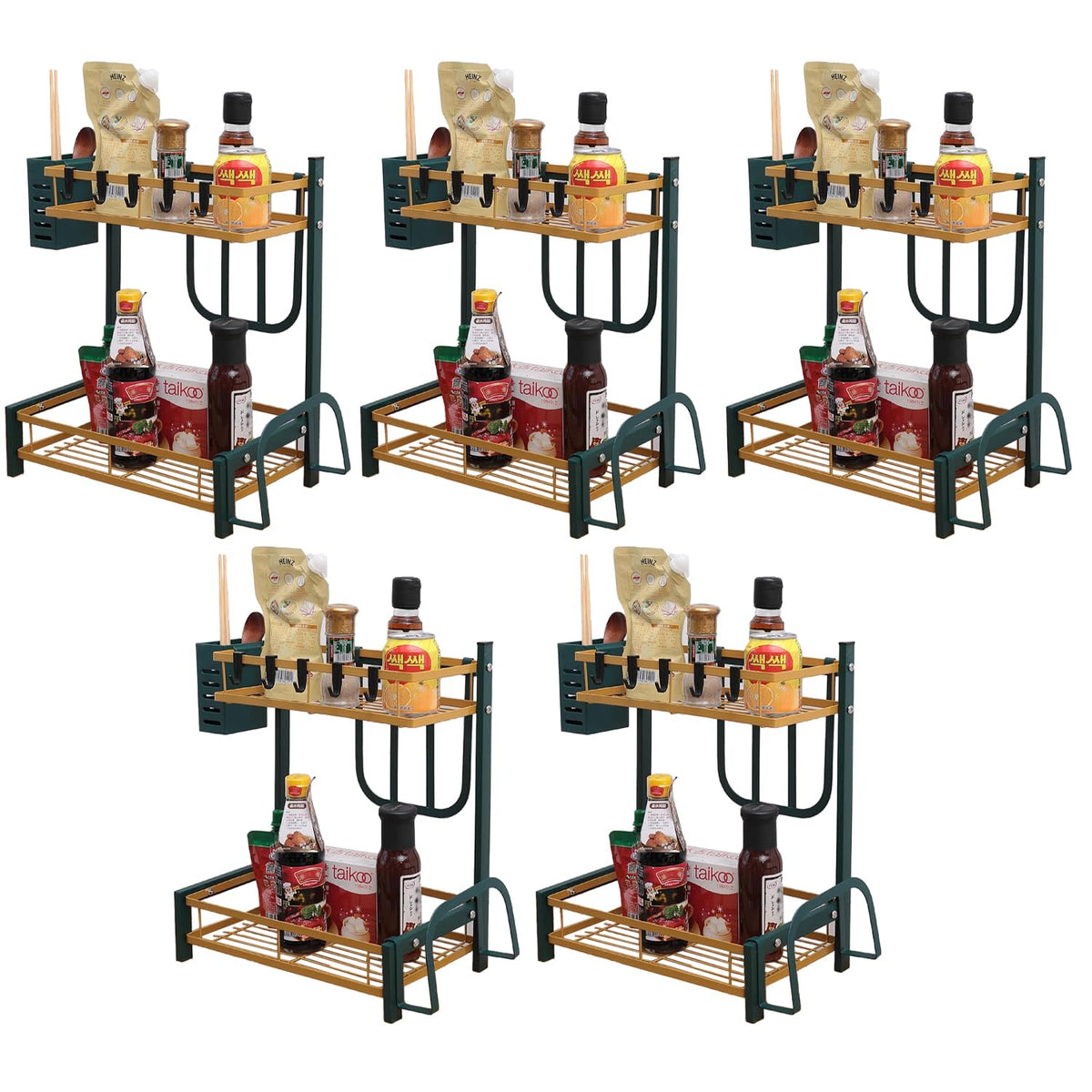 Kuber Industries 2-Layer Dish Drying Rack|Storage Rack for Kitchen Counter|Drainboard & Cutting Board Holder|Premium Utensils Basket Pack of 5 (Gold & Green)