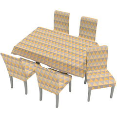 Heart Home Set of 7 Waterproof & Oil Repellent Dining Table Chair Cover 6 Seater Full Set | Washable Seat Cover Protector Slipcover Cloth | Geometric Yellow & Grey Triangle Design
