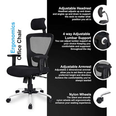 Kuber Industries Ergonomic Office Chairs for Work From Home | Comes with Manual Height Adjustable, Armrest, Headrest & Lumbar Support | Comfy Study Chair for Students with Wheels | Black & Maroon Seat