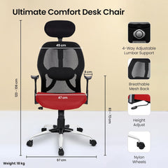 Kuber Industries Ergonomic Office Chairs for Work From Home | Comes with Manual Height Adjustable, Armrest, Headrest & 2D Lumbar Support | Comfy Study Chair for Students with Wheels | Black & Red Seat