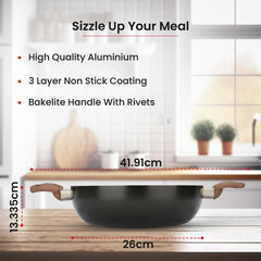 Kuber Industries 3.6L Aluminium Non-Stick Kadai for Cooking with Riveted Bakelite Handle & Lid | Deep Fry Cookware Wok for Kitchen | Kadhai Induction Base for Cooking | Majestic Midnight