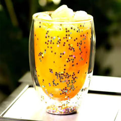 Kuber Industries 12 Pcs Star Sequin Glasses | Double Walled Borosilicate Glass | High Thermal Resistance | Microwave & Dishwasher Safe | 350 ML | Pack of 6 | Transparent