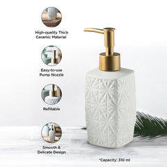 Heart Home Liquid Soap Dispenser | Stoneware | Bathroom Sanitizer, Shampoo Dispenser | Ceramic Handwash Bottle for Kitchen | Soap Dispenser for Wash Basin | Bathroom Accessories | 310ml (White)