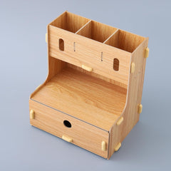Urbane Home 3 Compartments with One Bottom Drawer Pen Stand for Office | MDF Wood Rack | Aesthetic Stationery Stand for Office Table Accessories | Burlywood | 23.3x17.5x25.5cm