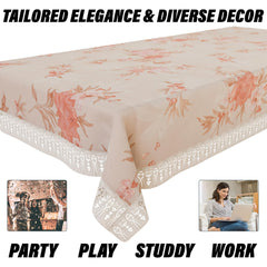 Heart Home Dining Table Cover | Heavy PVC Table Cloth Cover | 6 Seater Table Cloth | Red Flower Table Cover | Table Protector | Table Cover for Dining Table | 60x90 Inch | DTC | Cream