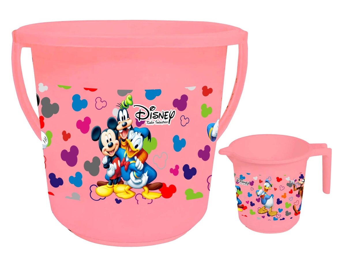 Kuber Industries Disney Team Mickey Print 2 Pieces Unbreakable Virgin Plastic Bathroom Bucket with Mug Set- Pink, (1 Pc 16 LTR Bucket & 1 Pc 500 ML Mug) -HS_35_KUBMARTS17481