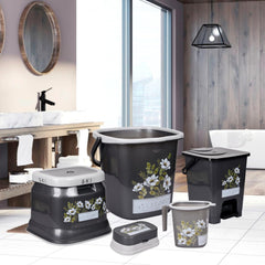 Heart Home Bathroom Set | Plastic Bathroom Combo Set | Bucket-Stool-Mug-Dustbin-Soap Holder Set for Bathroom | Modern Bath Set | Printed Bathroom Set | Set of 5 | Gray
