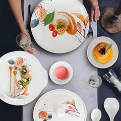 Kuber Industries 32 Pieces Round Melamine Microwave & Dishwasher Safe Dinnerware Kitchen Crockery Set | Glossy Dinner Sets & Kitchen Set for Home | Stylon Vector Floral - White