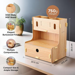 Urbane Home 3 Compartments with One Bottom Drawer Pen Stand for Office | MDF Wood Rack | Aesthetic Stationery Stand for Office Table Accessories | Burlywood | 23.3x17.5x25.5cm