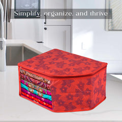 Heart Home Blouse Cover | Clothes Storage Bag | Zipper Wardrobe Organizers | Non-Woven Clothes Organiser | Side Transparent Blouse Organizer | New Flower-Design | Pack of 12 | Red