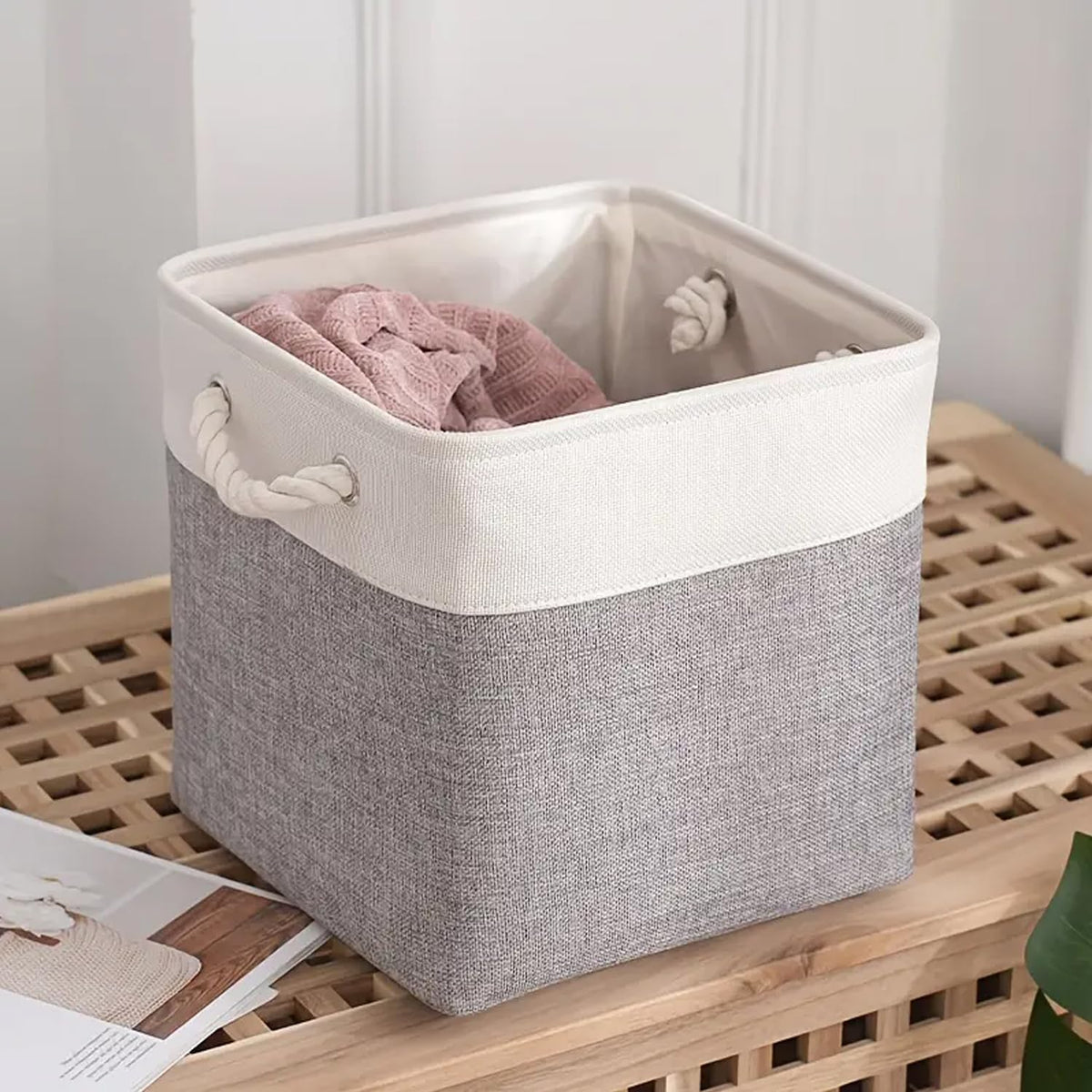 Kuber Industries Foldable Storage Basket|Polyester Toy Storage Bin|Wardrobe Organizer for Clothes (Grey & White) (Pack of 3)