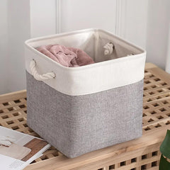Kuber Industries Foldable Storage Basket|Polyester Toy Storage Bin|Wardrobe Organizer for Clothes (Grey & White) (Pack of 2)