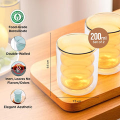 Kuber Industries Double Wall Borosilicate Glass Coffee Mug Set of 2-200ml | Unique Curvy Design | High Thermal Resistance | Microwave/Dishwasher Safe | Gifting Pack for Friends/Couples | Yellow