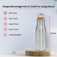 Kuber Industries 1500 ml Flask LeakProof Hot & Cold Stainless Steel Water Bottle with Bamboo Wooden Lid | Stain Resistent Insulated Thermos Water Bottle for Adults & Office | Silver