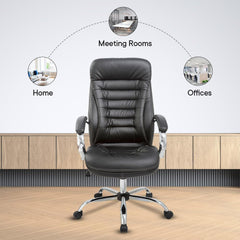 Kuber Industries Leather Office Chairs for Work From Home | Comes with Manual Height Adjustable, Armrest, Headrest & Lumbar Support | Comfy Study Chair for Students with Wheels | Black | SAVOC115BLK
