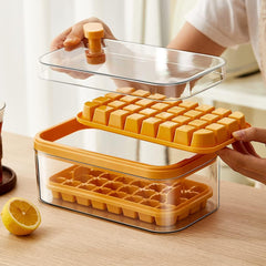 Kuber Industries 2 Layer Ice Cube Tray with Lid | Fridge Ice Cube container | 64 ice cube molds for freezing | One-Press Demolding | BPA Free | Orange