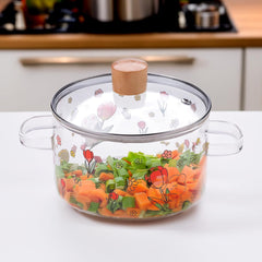 Kuber Industries Borosilicate Glass 1.45L Saucepan with Lid & Handle | Induction Pan Cookware | Handi for Cooking | Microwave Safe | Cooktop for Tea/Milk/Pasta/Noodles/Rice | Transparent-Flower Print