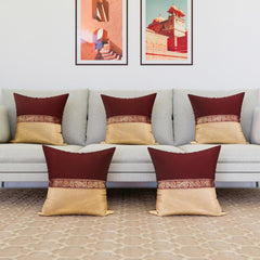 Heart Home Cushion Cover | Pillow Covers for Sofa | Throw Cushion Cover | Dupion Polyester Cushion Covers | Center Lace Cushion Covers | Set of 5 | 16 Inch | Maroon