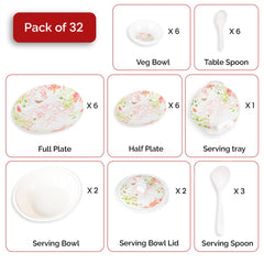 Kuber Industries 32 Pieces Round Melamine Microwave & Dishwasher Safe Dinnerware Kitchen Crockery Set | Glossy Dinner Sets & Kitchen Set for Home | Stylon Pink Floral - White