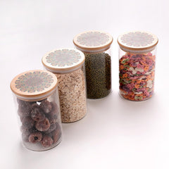 Urbane Home Borosilicate Glass Jar with Printed Bamboo Lid|Kitchen Organizer Items and Storage|Multi-utility, Leakproof, Airtight Storage Jar for Cookies,Snacks,Tea,Coffee,Sugar|Pack of 4(1000ml)
