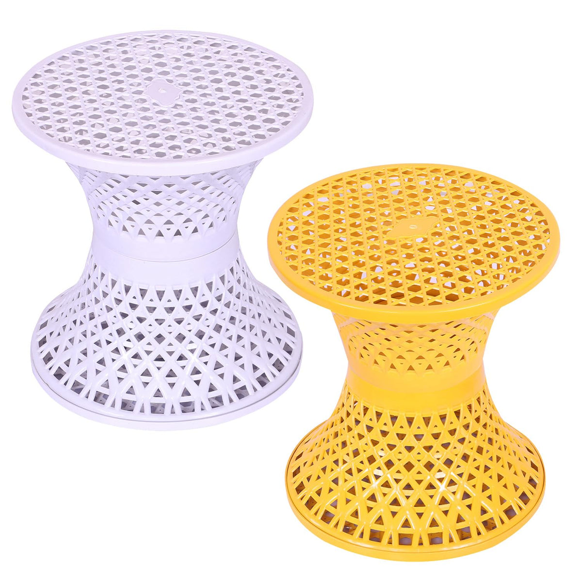 Kuber Industries Seating Stool | Plastic Mesh Damroo Stool | Both Sided Stool for Guestroom | Damroo Style Stool | Stool for Graden | Stool for Balcony | Pack of 2 | Multi