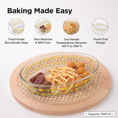 Homestic 1600 ml Borosilicate Printed Glass Baking Tray | Transparent Microwave Oven Safe Utensils | Oval Bread Moulds for Baking | Dishwasher & Freezer Safe | Multipurpose use Serving Tray