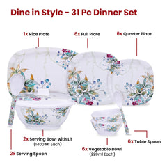 Kuber Industries 31 Pieces Square Unbreakable Microwave & Dishwasher Safe Melamine Dinnerware Kitchen Crockery Set | Glossy Dinner Sets & Kitchen Set for Home | Green Floral - White