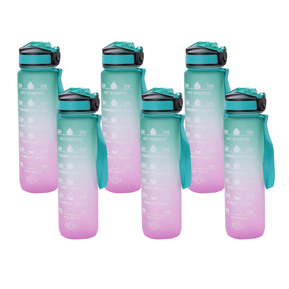 Kuber Industries Motivational Water Bottle with Time Marker | Sipper Water Bottle for Kids & Adults with Straw | for Gym, Home, Office & School | Green Purple -1 L (Pack of 6)