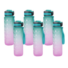 Kuber Industries Motivational Water Bottle with Time Marker | Sipper Water Bottle for Kids & Adults with Straw | for Gym, Home, Office & School | Green Purple -1 L (Pack of 6)