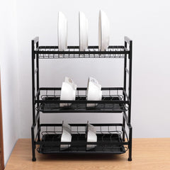 Kuber Industries 3-Layer Dish Drying Rack|Storage Rack for Kitchen Counter|Drainboard & Cutting Board Holder|Premium Utensils Basket|Free Mounting Pack of 6 (Black)