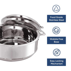 Heart Home 2L Stainless Steel Insulated Casserole for Roti, Puri & Chapati with Lid | Heat Retaining Body & Easy Lock Lid Mechanism Hotpot Roti Box for Home & Kitchen | Silver