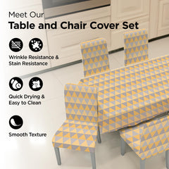 Heart Home Set of 7 Waterproof & Oil Repellent Dining Table Chair Cover 6 Seater Full Set | Washable Seat Cover Protector Slipcover Cloth | Geometric Yellow & Grey Triangle Design
