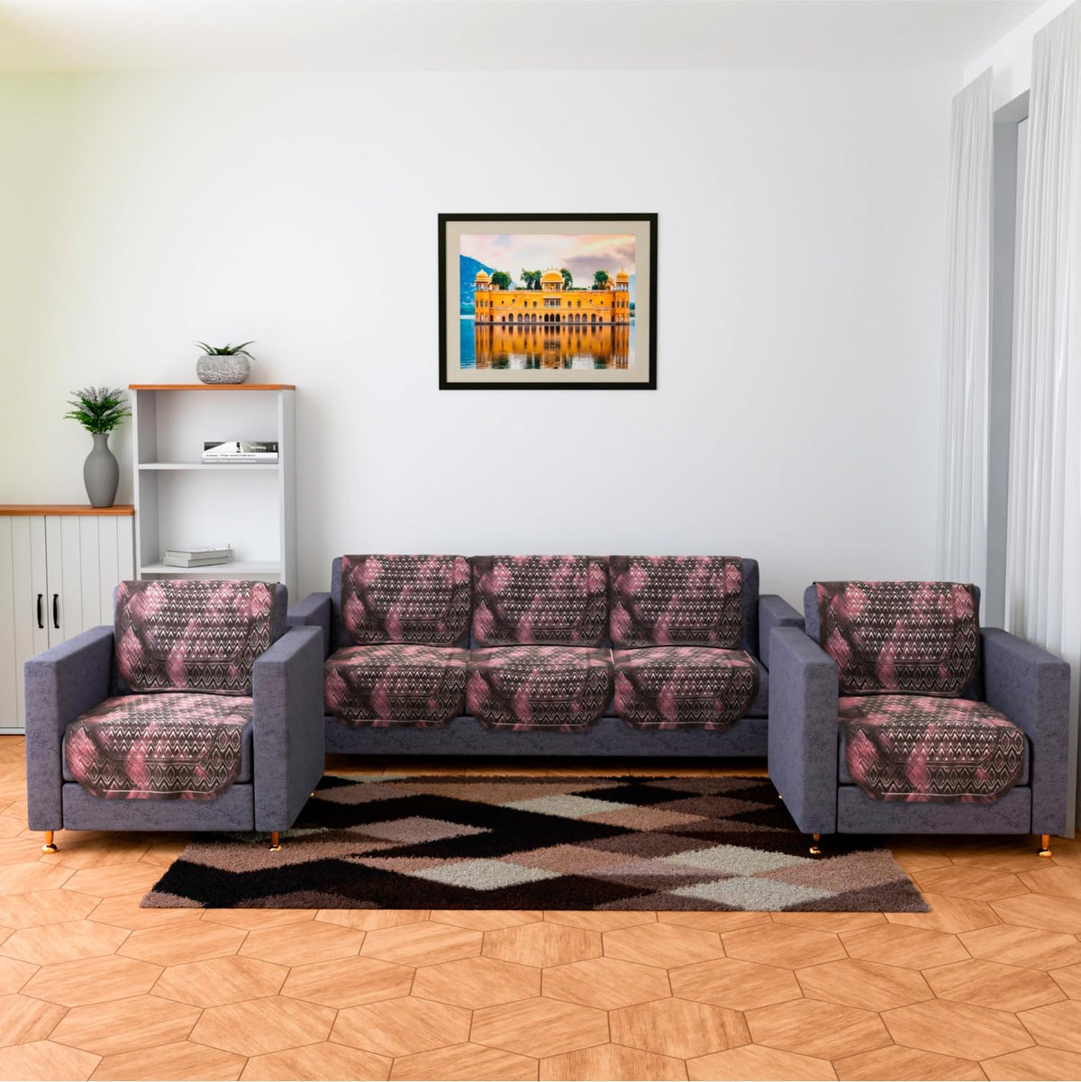 Heart Home Sofa Cover | Net Sofa Slipcover Set | Sofa Cover for Living Room | Sofa Slip Cover for Hall | 5-Seater Sofa Cover for Home Decor | Shaded Venus Sofa Cover Set | Brown