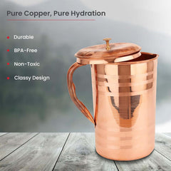 Kuber Industries 2L Pure Copper/Tamba Jug for Water with Lid | Leak Proof, Durable & Rust Free Detox Water Jar for Home & Dining Table | Tambe ka Jug for Health Benefits | Copper