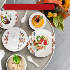 Kuber Industries 32 Pieces Round Melamine Microwave & Dishwasher Safe Dinnerware Kitchen Crockery Set | Glossy Dinner Sets & Kitchen Set for Home | Stylon Leaf Dots - White