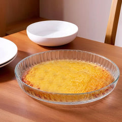 Kuber Industries 1600 ml Borosilicate Glass Baking Tray | Transparent Microwave Oven Safe Utensils | Round Bread Moulds for Baking | Dishwasher & Freezer Safe | Multipurpose use Serving Tray