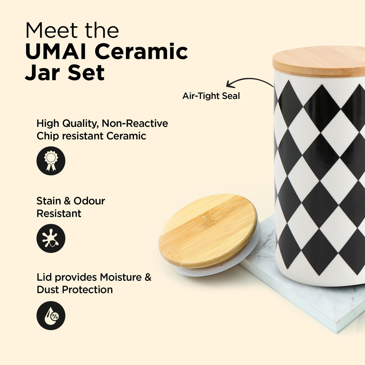 Urbane Home Ceramic Jar with Bamboo Lid - 1000ml | Air Tight Containers for Kitchen Storage | Multipurpose-Tea,Coffee,Snacks,Sugar,Salt,Dry Fruit,Pulses | Gift Items