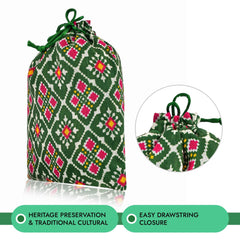 Kuber Industries Potli | Silk Wedding Potli | Drawstring Closure Potli | Wallet Potli | Christmas Gift Potli | Baby Shower Potli | Medium-Patola-Print Potli | 7x9 Inch | Pack of 4 | Green