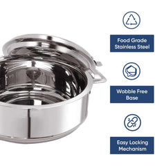 Kuber Industries 2.5L Stainless Steel Insulated Casserole for Roti, Puri & Chapati with Lid | Heat Retaining Body & Easy Lock Lid Mechanism Hotpot Roti Box for Home & Kitchen | Silver
