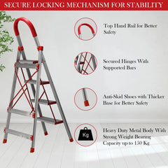 Kuber Industries 4 Step Heavy-Duty Foldable Aluminium Ladder with Wide Pedals and Hand Grip for Home and Office Use | Anti Slip Step Staircase for Home | Supports 150+ Kgs | Silver & Red
