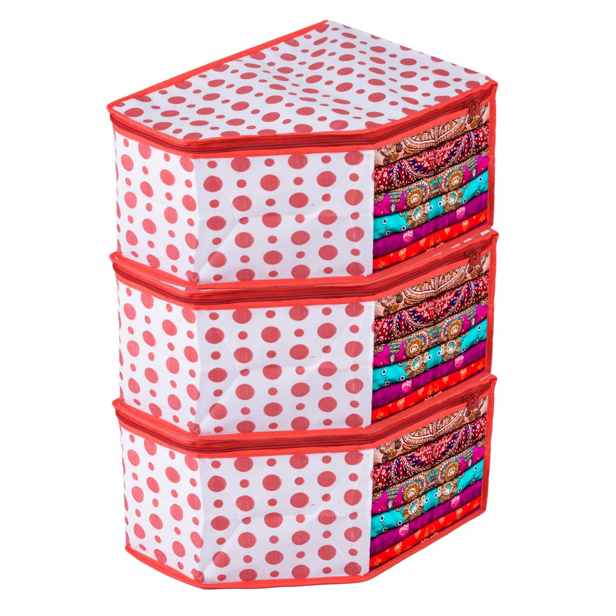 Heart Home Blouse Cover | Clothes Storage Bag | Zipper Wardrobe Organizers | Non-Woven Clothes Organiser | Side Transparent Blouse Organizer | Dot-Design | Pack of 3 | Red