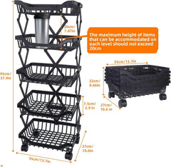 Kuber Industries 5-Layer Collapsible Kitchen Rack|Multipurpose Storage Basket|360-Degree Rotable Kitchen Trolley|Fruit Basket Pack of 4 (Black)