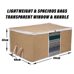 Heart Home Underbed Storage Bag | Clothes Storage Organizer | Blanket Cover with Clear Window | Zipper Closure & Handle Cloth Organizer | Plain White Border | Large | Pack of 3 | Brown